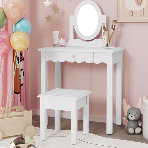 MROJISC Schminktisch Kinder Mädchen ab 5, Kinderschminktisch mit Abnehmbarem Spiegel Schminktisch Mädchen Set Schreibtisch mit Hocker, Weiß von MROJISC