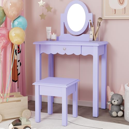 MROJISC Schminktisch Kinder Mädchen ab 6, Kinderschminktisch mit Abnehmbarem Spiegel Schminktisch Mädchen Set Schreibtisch mit Hocker, Lila von MROJISC