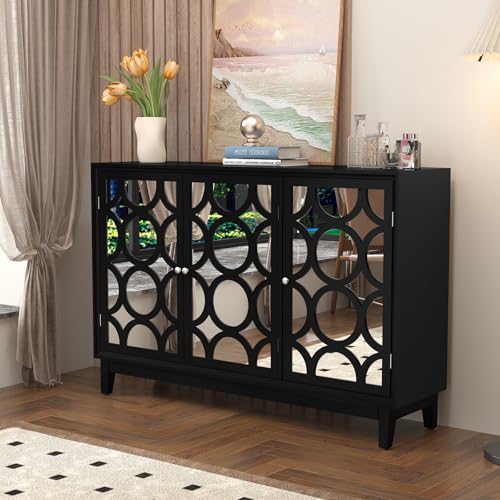 MROJISC Sideboard mit Spiegeltüren, Kommode Sideboard Wohnzimmer Schrank Aufbewahrungsschrank Küchenschrank Komodenschrank(3-türig)-Schwarz von MROJISC