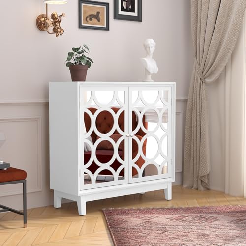 MROJISC Sideboard mit Spiegeltüren, Kommode Sideboard Wohnzimmer Schrank Aufbewahrungsschrank Küchenschrank Komodenschrank-Weiß von MROJISC