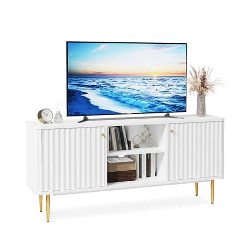 MROJISC TV-Schrank-Fernsehschrank Holz Fernsehtisch mit 2 Türen Lowboard für Fernseher TV-Regal für Wohnzimmer, Esszimmer, Schlafzimmer, Moderne Stil,Weiß von MROJISC