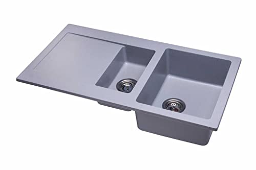 NAKA DG005 Spülbecken aus Granit mit Siphon 95 x 50 cm Küchenspüle Einbauspüle mit 1 und 1/2 Becken Waschbecken Küche Fleckenbeständig Spüle Granitspüle Waschbecken Abtropfschale Grau von NAKA