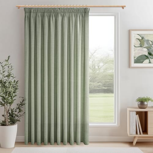 MRTREES Extra Breite Gardinen Leinenoptik Halbtransparent Salbeigrün für Große Fenster Wohnzimmer, Vorhang Kräuselband Leinen 1 Stück 240 cm Lang 300 cm Breit Vorhänge für Schienen Schlafzimmer von MRTREES