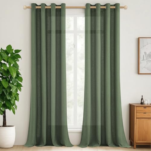 MRTREES Extra Lange Gardinen und Vorhänge Halbtransparent Leinen Gardinen mit Ösen 2er Set, Vorhang Leinenoptik Wohnzimmer Modern 260 cm Lang 140 cm Breit, Gardine Landhaus, Oliv-grün von MRTREES