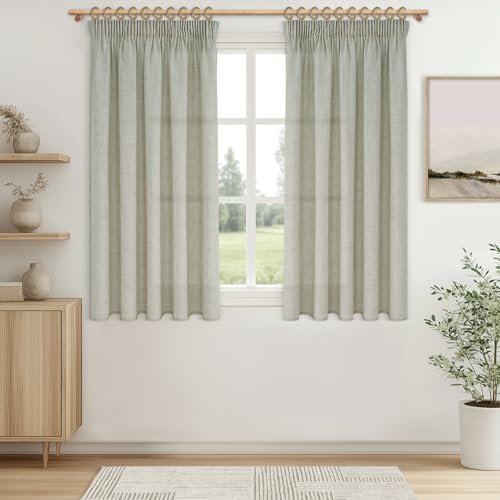 MRTREES Gardinen Halbtransparent Kurz Fenster Vorhang Leinenoptik mit Kräuselband 145 cm Lang 140 cm Breit, Vorhänge Leinen 2er Set für Küche Wohnzimmer Schlafzimmer Landhausstil von MRTREES