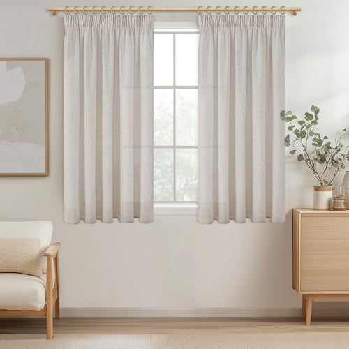 MRTREES Gardinen Halbtransparent Kurz Fenster Vorhang Leinenoptik mit Kräuselband Boho 145 cm Lang 140 cm Breit, Vorhänge Elfenbeinweiß 2er Set für Küche Wohnzimmer Schlafzimmer Landhaus Gardine von MRTREES