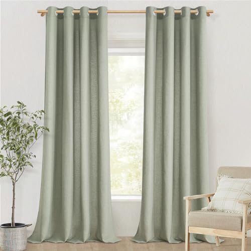 MRTREES Gardinen Leinen Halbtransparent Fenster Vorhänge Schlafzimmer Ösenschal 2er Set, 200 cm Lang, 140 cm Breit, Vorhang mit Ösen Leinenoptik Landhaus Gardine Wohnzimmer, Salbeigrün von MRTREES