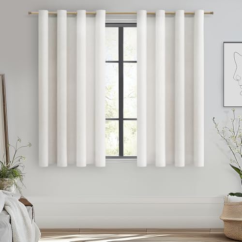 MRTREES Gardinen Leinenoptik mit Ösen Kurz Voile Gardinen Küche Fenster Leinen Vorhang Boho Halbtransparent Ösenschal für Wohnzimmer Schlafzimmer Elfenbeinweiß 2er Set H 145 x B 140 cm von MRTREES