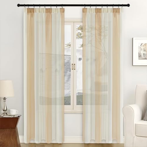 MRTREES Gardinen mit Kräuselband Stores Gardinen Schlafzimmer Vorhang Halbtransparent Vorhänge Beige und Weiß 2er Set 225x140cm Streifen von MRTREES