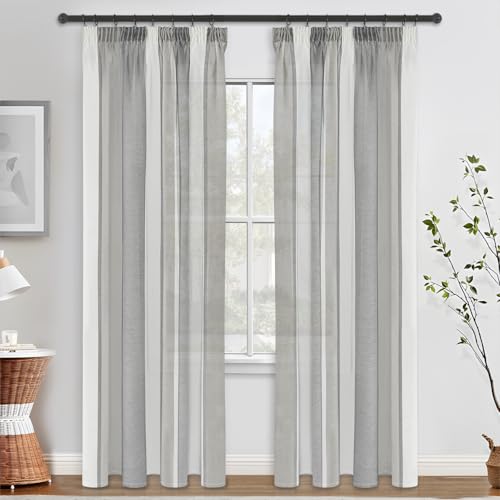 MRTREES Gardinen Wohnzimmer Modern Vorhänge mit Kräuselband 225 cm lang gardine Gestreift Tüll gardine Halbtransparent Vorhang 140 hoch Dunkelgrau Grau und Weiß Vorhang 2er Pack von MRTREES