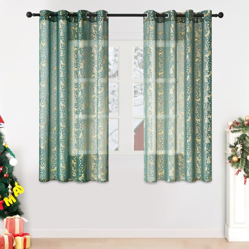 MRTREES Gardinen Weihnachten vorhänge mit ösen kurz Vorhang grün Vorhang transparent Vorhang kinderzimmer 137x140cm (H×B) 2er Set vorhänge Weihnachtsbäume Muster von MRTREES