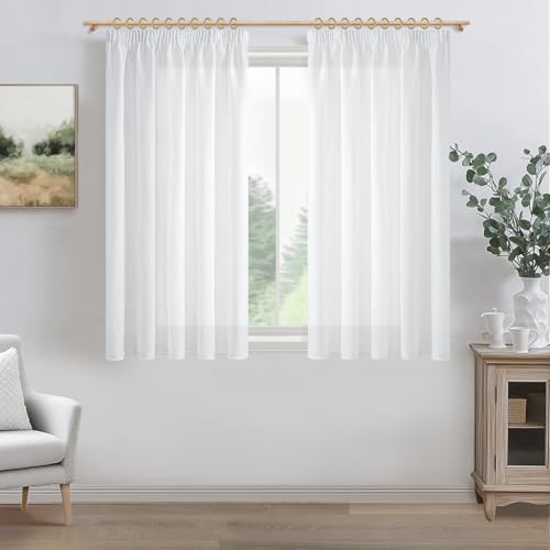 MRTREES Gardinen Weiss Halbtransparent Kurz Fenster Vorhang Leinenoptik mit Kräuselband 145 cm Lang 140 cm Breit, Vorhänge Weiß 2er Set für Küche Wohnzimmer Schlafzimmer Modern von MRTREES