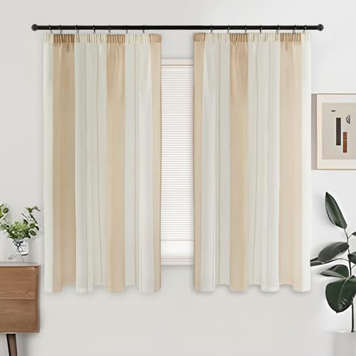 MRTREES Fenstergardinen Gardinen Kurz Beige und Weiß Vorhänge mit Kräuselband Voile Vorhang Halbtransparent Stores Gardinen 2er Set 160x140 cm Streifen von MRTREES