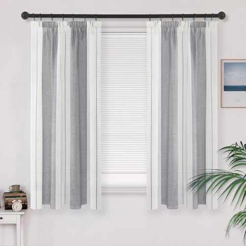 MRTREES Vorhang Küche Stores Gardinen Kurz Grau und Weiß Vorhänge Voile Halbtransparent Gardinen mit Kräuselband 2 Set 160x140 cm Fenstergardinen Streifen von MRTREES