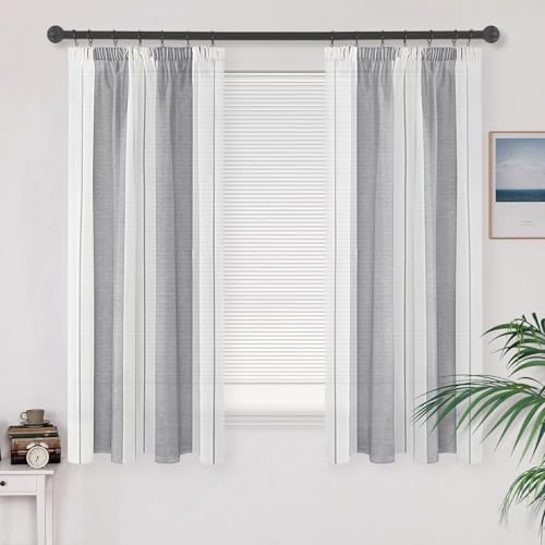 MRTREES Vorhang Küche Stores Gardinen Kurz Grau und Weiß Vorhänge Voile Halbtransparent Gardinen mit Kräuselband 2 Set 160x140 cm Fenstergardinen Streifen von MRTREES
