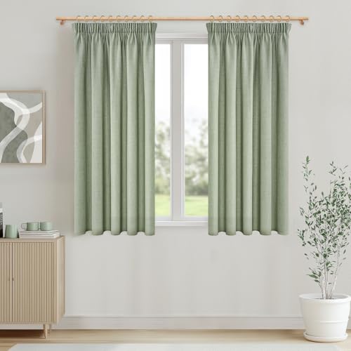 MRTREES Gardinen mit Kräuselband Salbeigrün Leinenoptik Kurz Fenster Wohnzimmer, Vorhang Leinen Halbtransparent 2er Set 160 cm Lang 140 cm Breit, Vorhänge Küche Kinderzimmer Landhausstil von MRTREES