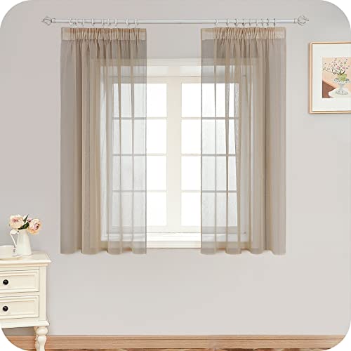 MRTREES Gardinen mit Kräuselband Stores Gardinen Beige kurz transparent 145X140cm (HXB) Schlaufenschals 2er Set Vorhänge in Leinenoptik für Wohnzimmer Schlafzimmer Mädchen Jugend Curtains von MRTREES