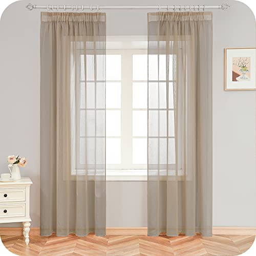 MRTREES Gardinen mit Kräuselband Stores Gardinen Beige kurz transparent 225X140cm (HXB) Schlaufenschals 2er Set Vorhänge in Leinenoptik für Wohnzimmer Schlafzimmer Mädchen Jugend Curtains von MRTREES