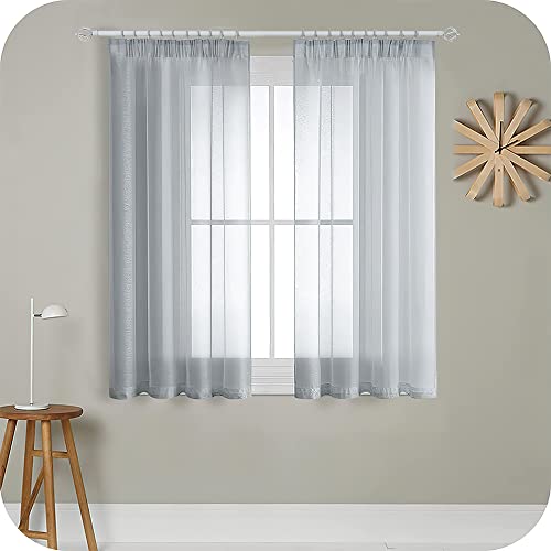 MRTREES Gardinen mit Kräuselband Stores Gardinen Grau kurz transparent 122X140cm (HXB) Schlaufenschals 2er Set Vorhänge in Leinenoptik für Wohnzimmer Schlafzimmer Mädchen Jugend Curtains von MRTREES