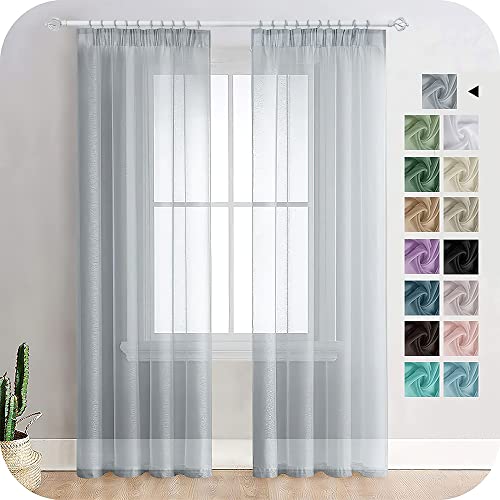 MRTREES Gardinen mit Kräuselband Stores Gardinen Grau kurz transparent 245X140cm (HXB) Schlaufenschals 2er Set Vorhänge in Leinenoptik für Wohnzimmer Schlafzimmer Mädchen Jugend Curtains von MRTREES