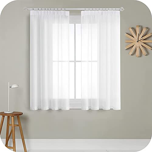 MRTREES Gardinen mit Kräuselband Stores Gardinen Weiß kurz transparent 145X140cm (HXB) Schlaufenschals 2er Set Vorhänge in Leinenoptik für Wohnzimmer Schlafzimmer Mädchen Jugend Curtains von MRTREES