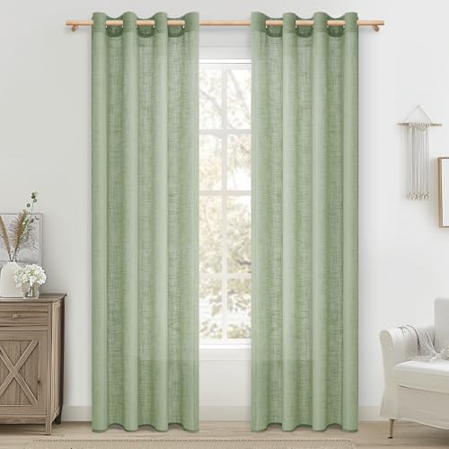 MRTREES Gardinen mit Ösen Leinenoptik für Wohnzimmer Schlafzimmer 2er Set Vorhang Ösenschal Salbeigrün Halbtransparent Fenster Vorhänge 225 cm Lang 140 cm Breit Curtains Living Room von MRTREES