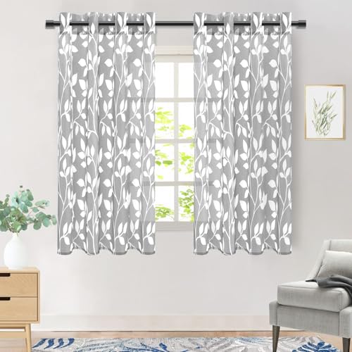 MRTREES Gardinen mit Ösen Transparent Wohnzimmer Modern Kurz Fenster 2er Set, 160 cm Lang, 140 cm Breit, Vorhang Grau Weißen Blätterdrucken Muster Vorhänge Schlafzimmer Kinderzimmer Küche von MRTREES