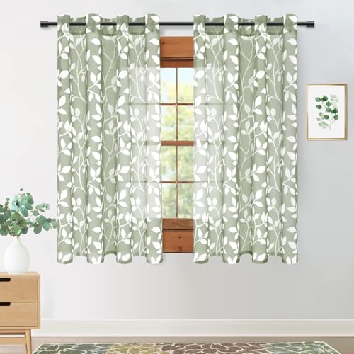 MRTREES Gardinen mit Ösen Transparent Wohnzimmer Modern Kurz Fenster 2er Set, 160 cm Lang, 140 cm Breit, Vorhang Graugrüne Weißen Blätterdrucken Muster Vorhänge Schlafzimmer Kinderzimmer Küche von MRTREES