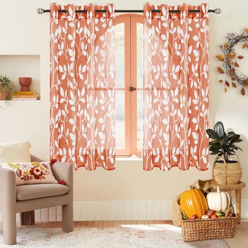 MRTREES Gardinen mit Ösen Transparent Wohnzimmer Modern Kurz Fenster 2er Set, 160 cm Lang, 140 cm Breit, Vorhang Orangerote Weißen Blätterdrucken Muster Vorhänge Schlafzimmer Kinderzimmer Küche von MRTREES