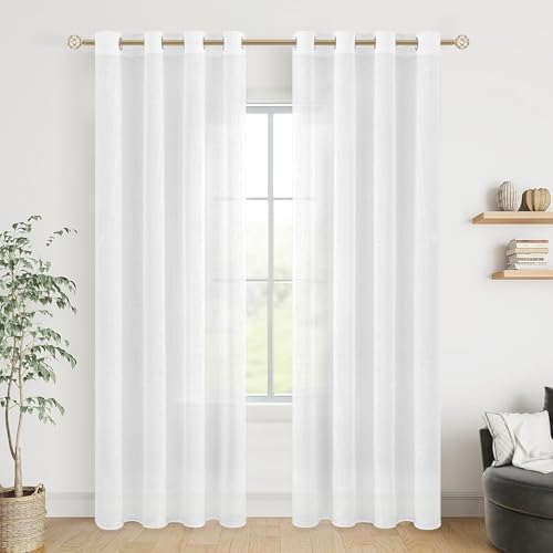 MRTREES Gardinen mit Ösen Weiß Wohnzimmer Modern 2er Set, Vorhänge Leinenoptik Halbtransparent 220 cm Lang, Vorhang Weiss Ösenschal 140 cm Breit, Fenster Gardine Schlafzimmer von MRTREES