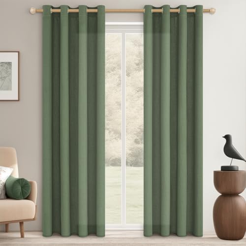 MRTREES Halbtransparente Gardinen Leinen Landhausstil Vorhänge Wohnzimmer Modern mit Ösen 2er Set, 240 cm Lang, 140 cm Breit, Vorhang Oliv-grün Schlafzimmer Leinenoptik Window Curtains von MRTREES