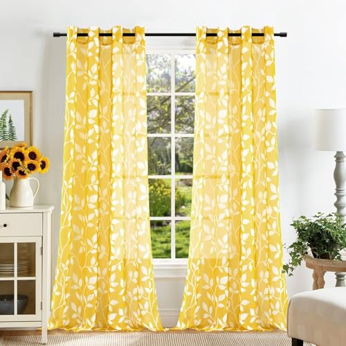 MRTREES Schlafzimmer Gardinen Voile mit Ösen und Vorhänge Transparen mit Muster Weißen Blätterdrucken Vorhang Gelb Wohnzimmer Modern 2er Set, 245 cm Lang, 140 cm Breit, Sheer Curtains von MRTREES