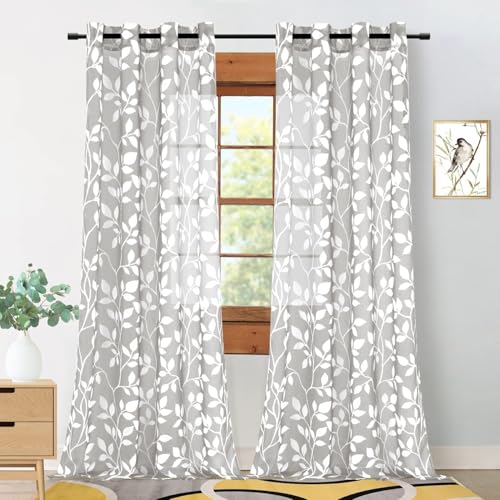 MRTREES Schlafzimmer Gardinen Voile mit Ösen und Vorhänge Transparen mit Muster Weißen Blätterdrucken Vorhang Grau Wohnzimmer Modern 2er Set, 245 cm Lang, 140 cm Breit, Sheer Curtains von MRTREES