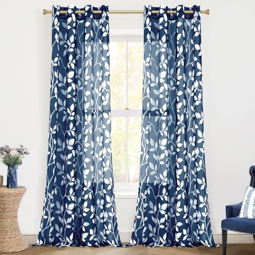 MRTREES Schlafzimmer Gardinen Voile mit Ösen und Vorhänge Transparen mit Muster Weißen Blätterdrucken Vorhang Marineblau Wohnzimmer Modern 2er Set, 245 cm Lang, 140 cm Breit, Sheer Curtains von MRTREES