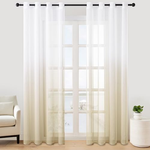 MRTREES Voile Gardinen Farbverlauf Leinenoptik Transparent Vorhang Kurz Tüllvorhang mit Ösen in Beige Weiß Verlauf 225×140cm (H×B) Modern für Kinderzimmer Wohnzimmer Schlafzimmer 2er-Set von MRTREES