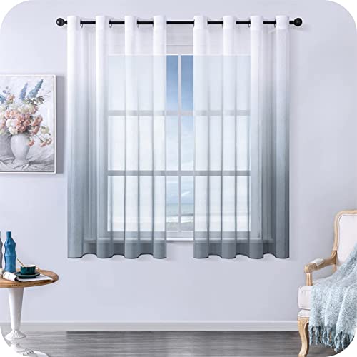 MRTREES Voile Gardinen Farbverlauf Leinenoptik Transparent Vorhang Kurz Tüllvorhang mit Ösen in Grau Weiß Verlauf 145×140cm (H×B) Modern für Dekoration Kinderzimmer Wohnzimmer Schlafzimmer 2er-Set von MRTREES