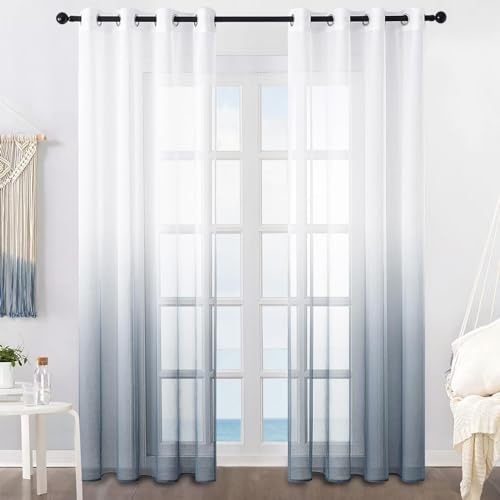 MRTREES Voile Gardinen Farbverlauf Leinenoptik Transparent Vorhang Kurz Tüllvorhang mit Ösen in Grau Weiß Verlauf 160×140cm (H×B) Modern für Dekoration Kinderzimmer Wohnzimmer Schlafzimmer 2er-Set von MRTREES