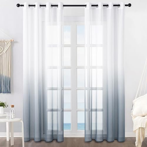 MRTREES Voile Gardinen Farbverlauf Leinenoptik Transparent Vorhang Kurz Tüllvorhang mit Ösen in Grau Weiß Verlauf 220×140cm (H×B) Modern für Dekoration Kinderzimmer Wohnzimmer Schlafzimmer 2er-Set von MRTREES