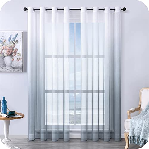 MRTREES Voile Gardinen Farbverlauf Leinenoptik Transparent Vorhang Kurz Tüllvorhang mit Ösen in Grau Weiß Verlauf 220×140cm (H×B) Modern für Dekoration Kinderzimmer Wohnzimmer Schlafzimmer 2er-Set von MRTREES