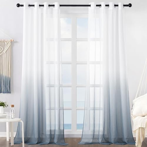 MRTREES Voile Gardinen Farbverlauf Leinenoptik Transparent Vorhang Kurz Tüllvorhang mit Ösen in Grau Weiß Verlauf 245×140cm (H×B) Modern für Dekoration Kinderzimmer Wohnzimmer Schlafzimmer 2er-Set von MRTREES