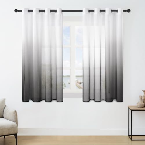 MRTREES Voile Gardinen Farbverlauf Transparent Vorhang Kurz Tüllvorhang mit Ösen in Schwarz Weiß Verlauf 160×140cm (H×B) Modern für Kinderzimmer Wohnzimmer Schlafzimmer 2er-Set von MRTREES