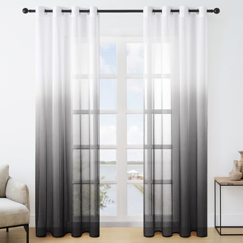 MRTREES Voile Gardinen Farbverlauf Leinenoptik Transparent Vorhang Kurz Tüllvorhang mit Ösen in Schwarz Weiß Verlauf 225×140cm (H×B) Modern für Kinderzimmer Wohnzimmer Schlafzimmer 2er-Set von MRTREES