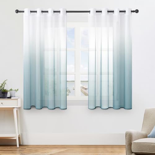 MRTREES Voile Gardinen Farbverlauf Leinenoptik Transparent Vorhang Kurz Tüllvorhang mit Ösen in Graublau Weiß Verlauf 145×140cm (H×B) Modern für Kinderzimmer Wohnzimmer Schlafzimmer 2er von MRTREES