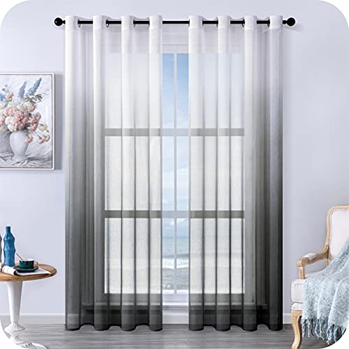 MRTREES Voile Gardinen Farbverlauf Transparent Vorhang Kurz Tüllvorhang mit Ösen in Schwarz Weiß Verlauf 240×140cm (H×B) Modern für Dekoration Kinderzimmer Wohnzimmer Schlafzimmer 2er-Set von MRTREES