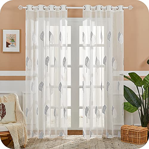 MRTREES Voile Gardinen Halbtransparent Kurz Stores Schals Leinenoptik Stickerei Blätter mit Ösen Modern Vorhang Grau 245×140cm (H×B) für Dekoration Kinderzimmer Wohnzimmer Schlafzimmer 2er-Set von MRTREES