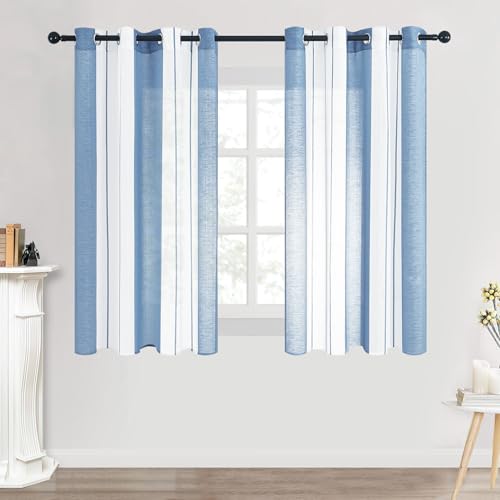 MRTREES Voile Gardinen Kurz Vorhang Halbtransparent Streifen Stores Schals mit Ösenschal Moderner Wohnstil Weiß+Blau 145×140cm (H×B) für Dekoration Kinderzimmer Wohnzimmer Schlafzimmer 2er-Set von MRTREES