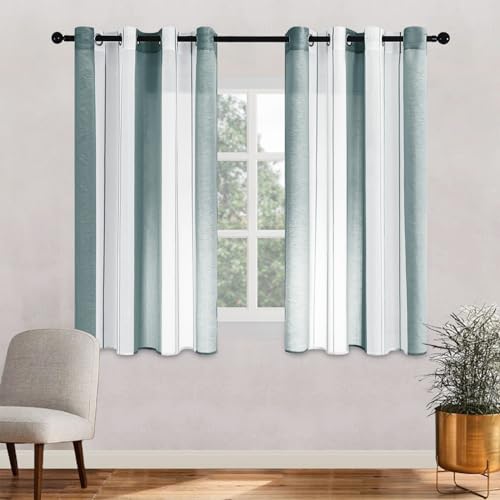 MRTREES Voile Gardinen Kurz Vorhang Halbtransparent Streifen Stores Schals mit Ösenschal Moderner Wohnstil Weiß+Dunkelgrün 160×140cm (H×B) für Kinderzimmer Wohnzimmer Schlafzimmer 2er-Set von MRTREES