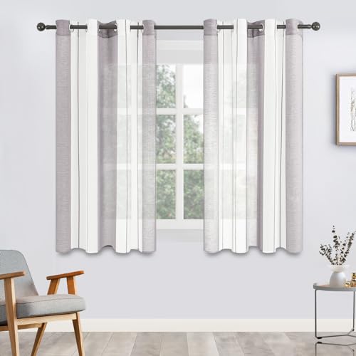 MRTREES Voile Gardinen Kurz Vorhang Halbtransparent Streifen Stores Schals mit Ösenschal Moderner Wohnstil Weiß+Grau 122×140cm (H×B) für Dekoration Kinderzimmer Wohnzimmer Schlafzimmer 2er-Set von MRTREES