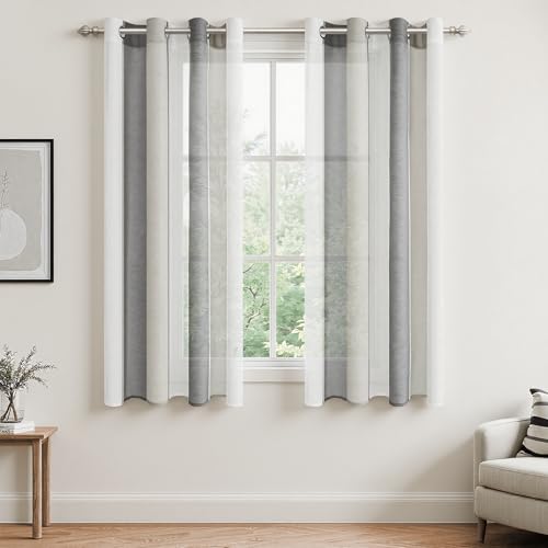 MRTREES Voile Gardinen Kurz Vorhang Halbtransparent Streifen Stores Schals mit Ösenschal Moderner Wohnstil Weiß+Grau 160×140cm (H×B) für Dekoration Kinderzimmer Wohnzimmer Schlafzimmer 2er-Set von MRTREES