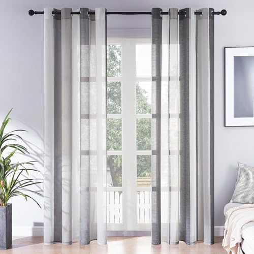 MRTREES Voile Gardinen Kurz Vorhang Halbtransparent Streifen Stores Schals mit Ösenschal Moderner Wohnstil Weiß+Grau 225×140cm (H×B) für Dekoration Kinderzimmer Wohnzimmer Schlafzimmer 2er-Set von MRTREES